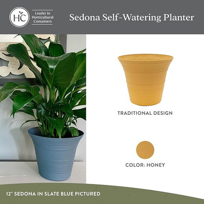 The HC Companies 16 Inch Sedona Round Self Watering Planter Pots, Lightweight UV-Resistant Plastic Indoor & Outdoor Planters, 2-Pack Flower Pots for Garden & Home Decor, Honey
