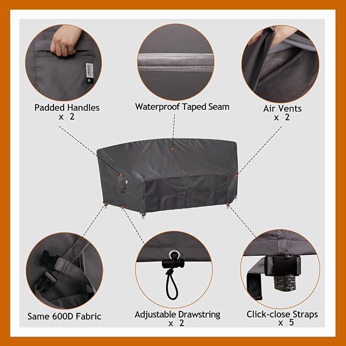 Curved Patio Furniture Cover for Outdoor Sectional Sofa, 96"(65") Reinforced Waterproof 600D Patio Couch Covers, Half Moon Lawn Outside Garden Furniture Winter Protective Cover