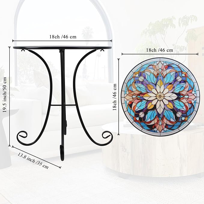 Mosaic Side Table Outdoor, 18 Inch Metal Accent Table, Indoor Small Round End Tables, Plant Stand Tables for Patio Yard Balcony Garden Bedside