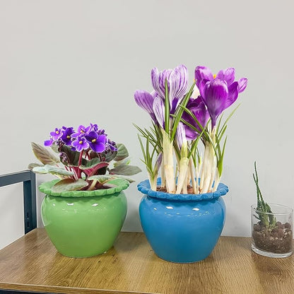 Large African Violet Pots 8 Inch Blue Ceramic Easy Plant Self Watering Pot Ceramic Flowerpot with Water Absorbing Inner Pot Orchid Planter Lawn Yard Outside Decor