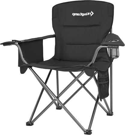 KingCamp Padded Portable Outdoor Folding Lounge Chairs with Built In Cupholder, Insulated Cooler Sleeve, and Side Storage Pocket, Black
