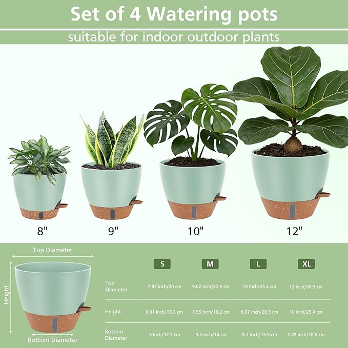 Self Watering Planters Set with Water Level Indicator, 12" 10" 9" 8" Large Plastic Flower Pots with Mesh Drainage Hole and Removable Saucer Reservoir for Indoor Outdoor Plants (Green)