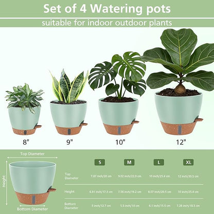 Self Watering Planters Set with Water Level Indicator, 12" 10" 9" 8" Large Plastic Flower Pots with Mesh Drainage Hole and Removable Saucer Reservoir for Indoor Outdoor Plants (Green)