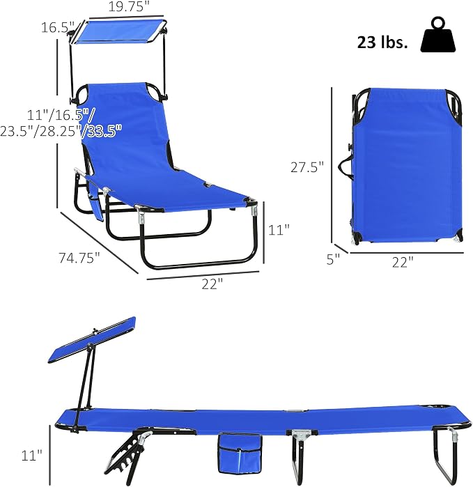 Outsunny Folding Chaise Lounge Chairs Outdoor Set of 2 w/Canopy Blue | Sun Tanning Chairs, Reclining Back, Steel Frame, Side Pocket, for Outside Beach Yard Patio Pool