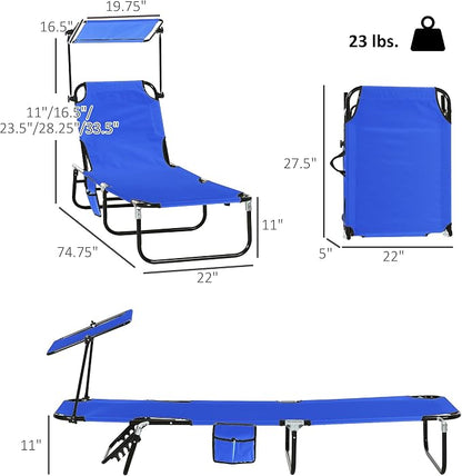 Outsunny Folding Chaise Lounge Chairs Outdoor Set of 2 w/Canopy Blue | Sun Tanning Chairs, Reclining Back, Steel Frame, Side Pocket, for Outside Beach Yard Patio Pool