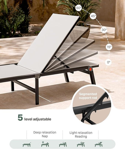 Aluminum Chaise Foldable Patio Lounge Chair Outdoor, Metal Deck Lounger Adjustable 5-Position Recliner Pool Chase Breathable Full Flat Outside Sun Tanning Chairs for Beach/Poolside/Lawn(White, 2Pack)