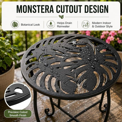 Outdoor Side Tables 2 Pack, 15" Height Tool-Free Metal Patio End Table with Monstera Pattern, Compact Space Saving Plant Stand for Balcony Porch Deck, Weather Resistant, Black