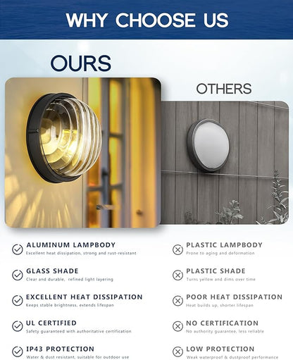FEMILA 10" Round Bulkhead Outdoor Wall Light, Nautical Outdoor Lighting, Black Outdoor Light Fixture for Front Door/Porch/Patio, Aluminum Glass,UL Listed, 4FYX105FL BK SW
