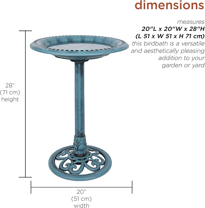 Alpine Corporation TEC116BL Pedestal Birdbath with Scrollwork Base and Ground Stakes, Décor for Lawn & Garden, 28" H, Blue