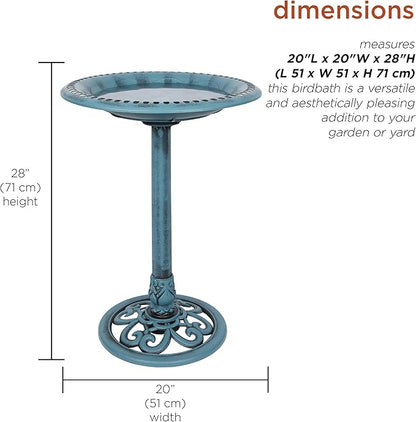 Alpine Corporation TEC116BL Pedestal Birdbath with Scrollwork Base and Ground Stakes, Décor for Lawn & Garden, 28" H, Blue