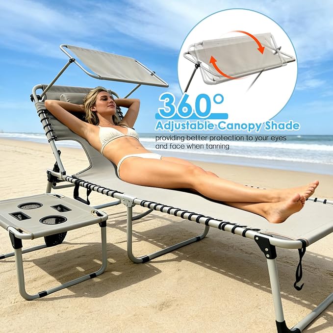 Outdoor Tanning Chair with Sun Canopy Shade & Face Hole, Folding Lounge Chair with Beach Table and Carry Bag for Poolside Sunbathing Lawn
