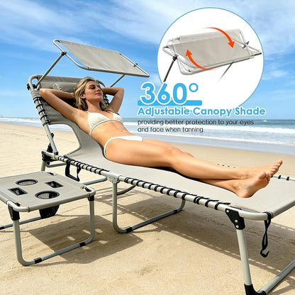 Outdoor Tanning Chair with Sun Canopy Shade & Face Hole, Folding Lounge Chair with Beach Table and Carry Bag for Poolside Sunbathing Lawn