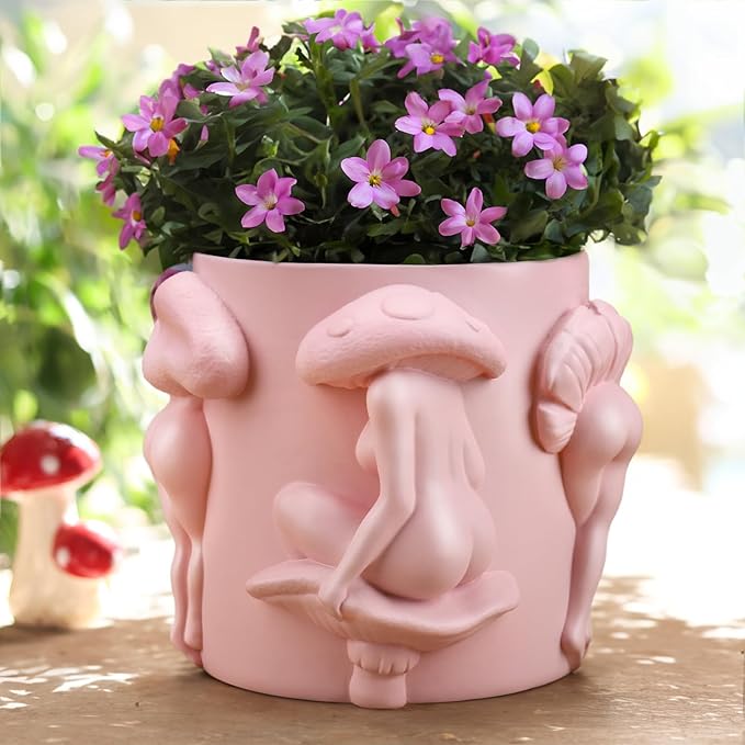 GUGUGO Unique Mushroom Lady Body Plant Pots, Cute Quirky Indoor Planters, Boho Funky Eclectic Home Decor, Mushroom Lady Butt Flower Pots, Succulent Planter, Modern Aesthetic for Decorating, Pink