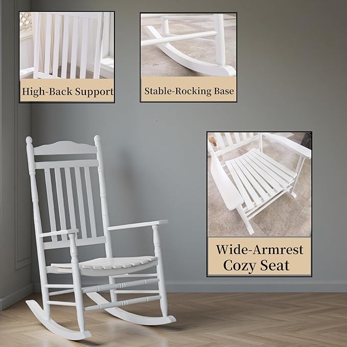 Outdoor Patio Rocking Chairs Folding Side Table Set of 3 Piece Porch Wooden Rockers Small Foldable End Table Furniture Indoor Outside Camping Balcony Garden Lawn and Bistro, White