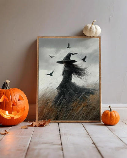 InSimSea Framed Canvas Prints Art Vintage Decor, Witch Gothic Moody Painting, Rustic Dark Academia Wall Art for Bathroom, Halloween Living Room Witchy Room Wall Cottagecore Decor, 12x16inch