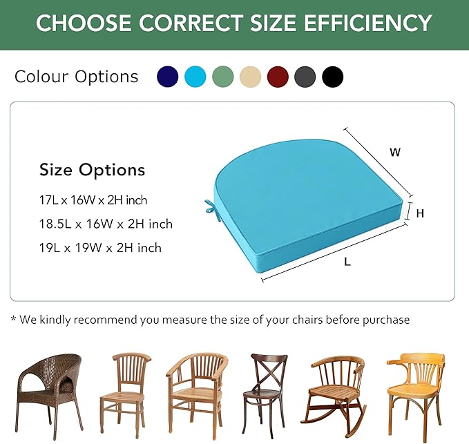 Outdoor Chair Cushions Set of 2: Waterproof & Fade Resistant Patio Furniture Cushions - 17 x 16 x 2 Inch Non Slip Round Corner Seat Cushion Pads with Removable Cover for Garden Yard Lawn, Teal