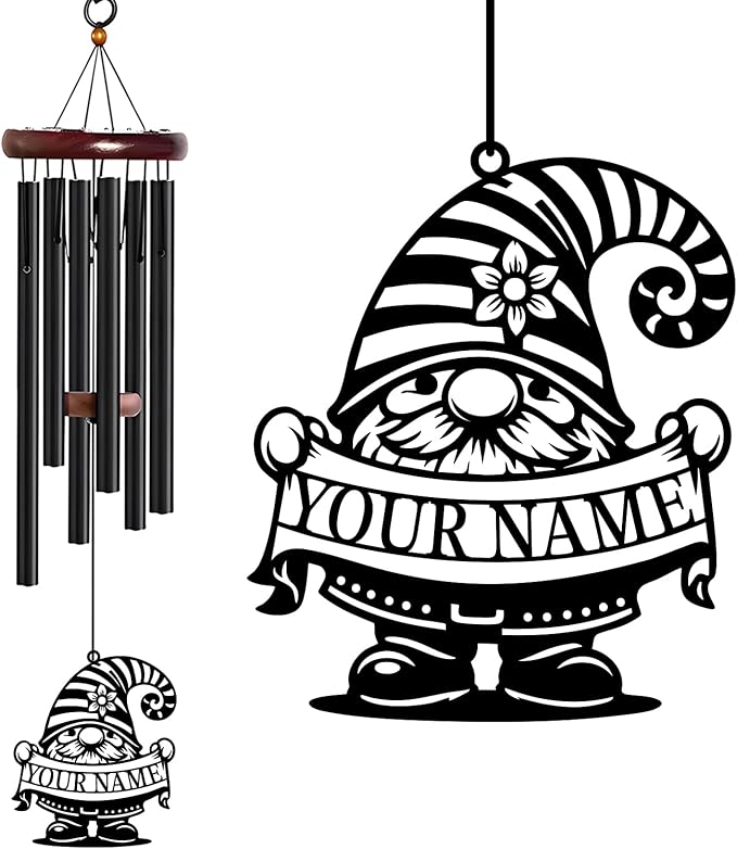 Personalized Customize Name Gnome Wind Chime, Metal Iron 37 Inch Outdoor Memorial Gift for Garden Yard Patio Home Decor, Black，Christmas (Style I)
