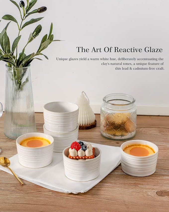 Hasense Ramekins 8 oz Oven Safe for Creme Brulee, Ceramic Souffle Dish Set of 6,Porcelain Dipping Sauce Bowls for Pudding, Souffle, Serving Dip, Custard, Ice Cream, Clay-Infused White