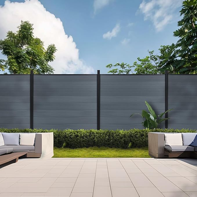Mondaria Privacy Fence for Outside, 6ftx6ft Outdoor Privacy Panels with In-ground Post, Wind Resistant Wood Plastic Composite Fencing for Patio, Backyard, Garden and Swimming Pool (Gray with 1 Post)