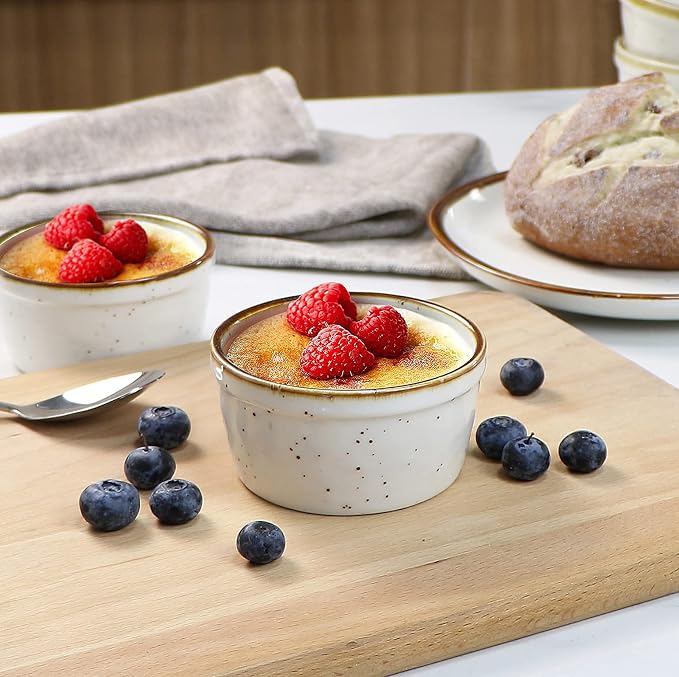 ONEMORE 8 oz Ramekins Oven Safe, Ceramic Small Ramekins with Brown Rim for Baking, Speckled Cute Ramekin Set for Creme Brulee, Sauces, Desserts & Ice Cream, Individual Custard/Pudding Cups Set of 6