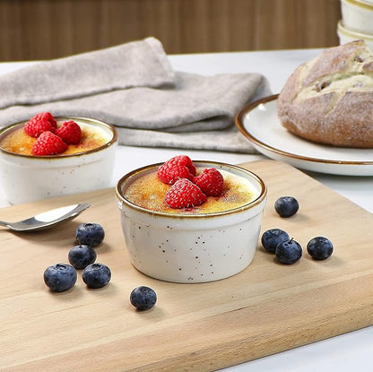 ONEMORE 8 oz Ramekins Oven Safe, Ceramic Small Ramekins with Brown Rim for Baking, Speckled Cute Ramekin Set for Creme Brulee, Sauces, Desserts & Ice Cream, Individual Custard/Pudding Cups Set of 6