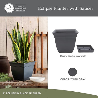 The HC Companies 12 Inch Eclipse Square Planter Pots with Drainage Holes & Attached Saucer, Lightweight UV-Resistant Plastic Indoor Outdoor Planters, 2-Pack Flower Pots, Garden Home Decor, Warm Gray