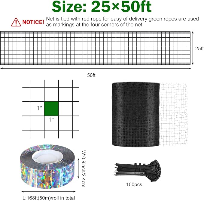 Bird Netting for Chicken Coop 25 X 50 Ft 1" Square Mesh Heavy Duty Chicken Run Netting Roof Cover Against Hawks, Eagles, Owls, UV Resistant, for Garden, Fruit Tree, Plant, Vegetable Protection