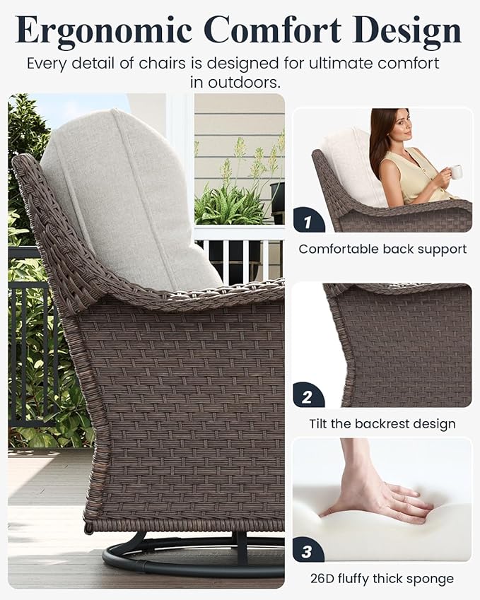 LayinSun 3 Piece Wicker Outdoor Furniture Set with 6-inch Comfy Cushions, High Back Patio Furniture Set with Swivel Rocking Chairs and Side Table