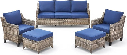 5 Pieces Outdoor Furniture-High Back Outdoor Wicker Couch Patio Chairs Set of 2 with Comfy Cushions Ottomans Patio Furniture Set for Backyard Porch Garden Deck Grey/Blue