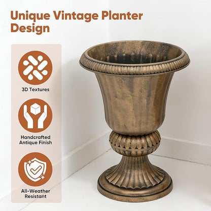 Athena Collection 20''H Garden Plastic Urn Vintage Tall Planter Urn Patio Large Flower Pot Porch Planter Large Planter for Indoor Outdoor Plant, Bronze