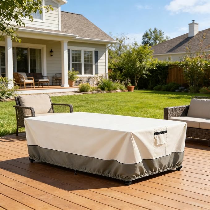 60 Inch Rectangular/Oval Patio Table Cover,Heavy Duty Waterproof Outdoor Dining Table Cover, Patio Furniture Covers, Beige