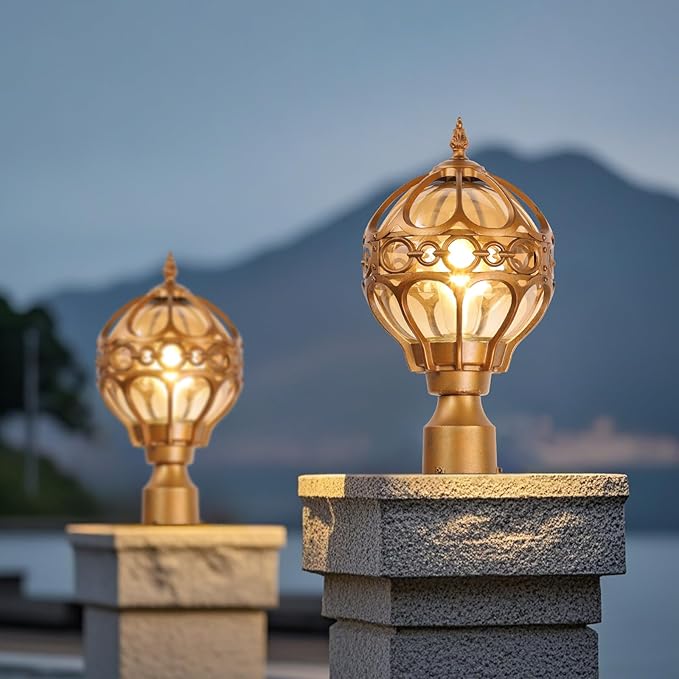 Globe Outdoor Post Light for Lawn Garden Patio, Brass Sphere Outside Pole Light Fixtures Waterproof Aluminum Lamp Post Light, Pier Mount Outdoor Lighting for 3" Pole Fence Deck, 1 Pack