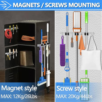 3-H Magnetic Broom Holder Wall Mount 1 Pack, 2-in-1 Dual Mount (No Drill or Screw Fix), 304 Stainless Steel Heavy Duty Magnet Mop Broom Organizer for Kitchen Garden Garage(3 Racks & 4 Hooks,Silver)