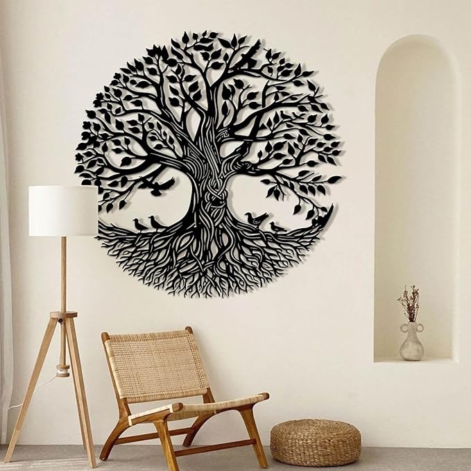 Flewfar Tree of Life Metal Wall Art, Metal Tree of Life Wall Decor, Family Tree Wall Art for Living Room, Indoor Outdoor Decoration, Large Tree of Life Metal Wall Art (Black, 30" x 30" / 76 x 76cm)