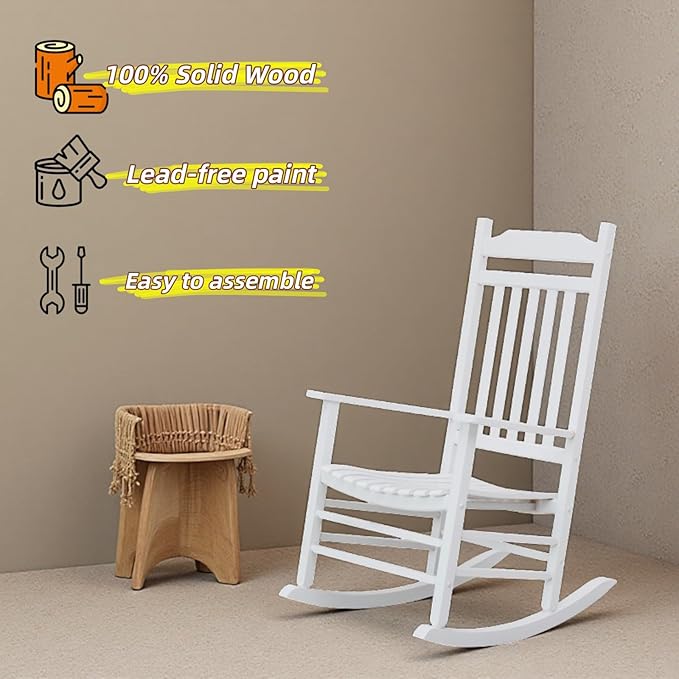 Patio Outdoor Rocking Chairs Small Foldable Side Table Set of 3 Piece Porch Wooden Comfy Rockers Folding End Table Furniture Indoor Outside Camping Balcony Lawn and Bistro, White