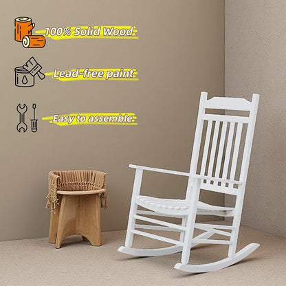 Patio Outdoor Rocking Chairs Small Foldable Side Table Set of 3 Piece Porch Wooden Comfy Rockers Folding End Table Furniture Indoor Outside Camping Balcony Lawn and Bistro, White