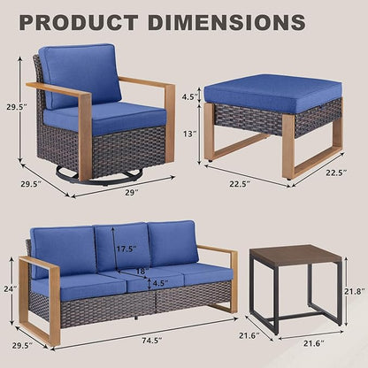 Rilyson Outdoor Wicker Patio Furniture Set - 6 Piece Patio Conversation Set with 2 Wicker Swivel Rocker Chairs,2 Rattan Ottoman,1 Side Table and 1 Couch,Thick Cushions,Deep Seating(Brown/Blue)