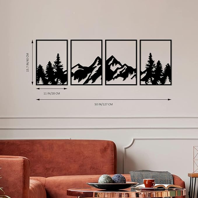 ESTART 4 Pcs Metal Wall Art, Large Mountains Wall Decor, Art Wall Décor Suitable For Living Room Dining Room Bedroom Office Indoor And Outdoor (Mountain Forest)