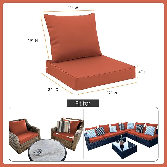 Favoyard Outdoor Seat Cushion Set 22 x 24 Inch Waterproof & Fade Resistant Patio Furniture Cushions with Removable Cover Deep Seat & Back Cushion with Handle and Adjustable Straps for Chair Sofa Couch