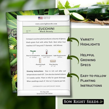 Sow Right Seeds - Black Beauty Zucchini Seeds for Planting - Non-GMO Heirloom Packet with Instructions to Plant a Home Vegetable Garden - Summer Squash - Classic Zucchini Good for Large Containers (2)