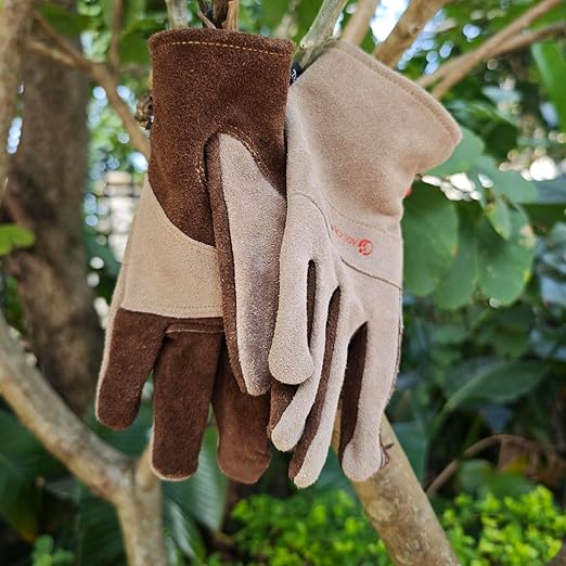 Leather Gardening Gloves for Men, Work Gloves for Welding, Construction, Chainsaw, Farm, Ranch, Yard Work, Abrasion Resistant, Cactus Thorn Proof (Brown, Large)