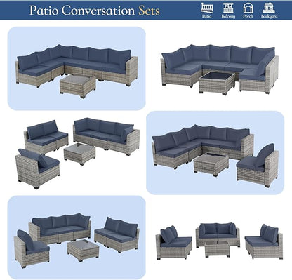 FHFO 7 Piece Outdoor Wicker Patio Furniture Set, Rattan Sectional Sofa Couch, Patio Conversation Set with Cushion & Coffee Table, for Backyard Poolside Porch Garden, Grey-Navy Blue