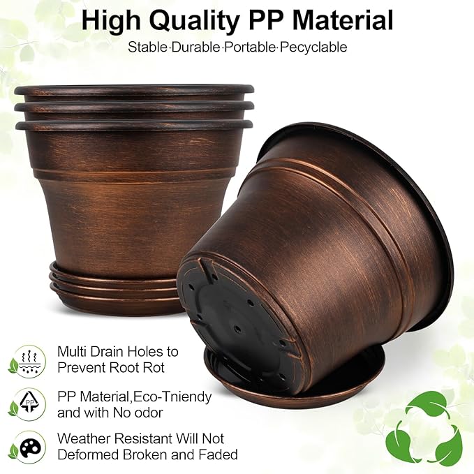 Plant Planters Pots Set of 4 Pack 13 Inch，Large Plastic Flower Pot For Indoor Plants With Drainage Holes & Trays, Resin Decorative Container Sets With Saucer For House Outdoor Garden Plant Copper