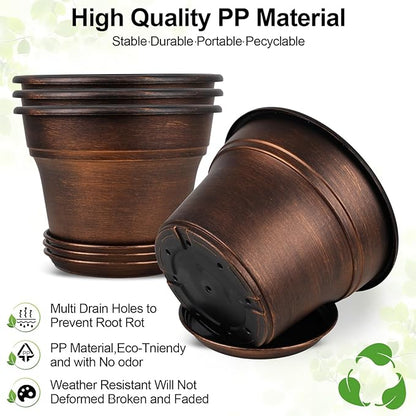 Plant Planters Pots Set of 4 Pack 13 Inch，Large Plastic Flower Pot For Indoor Plants With Drainage Holes & Trays, Resin Decorative Container Sets With Saucer For House Outdoor Garden Plant Copper