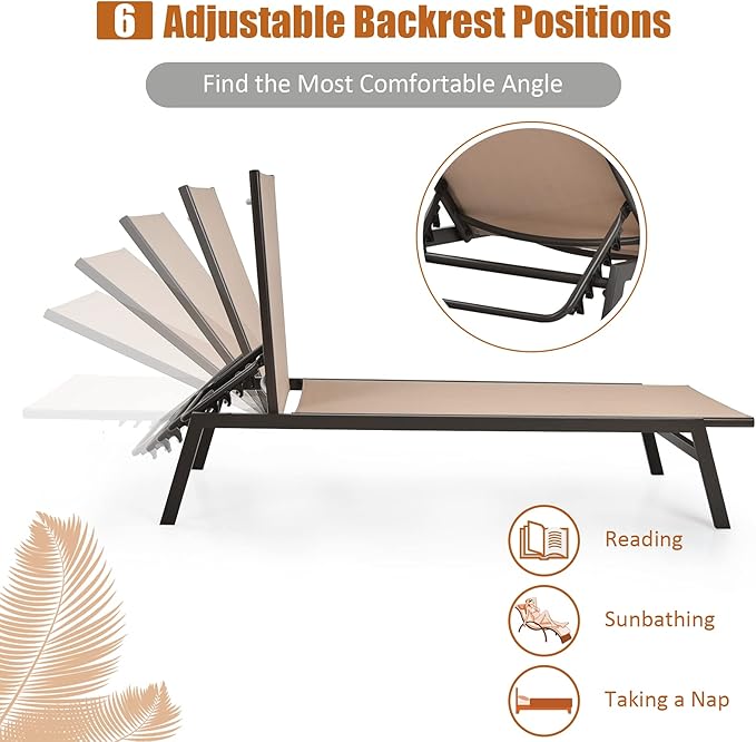 Tangkula Outdoor Chaise Lounge Chair, 6-Position Adjustable Reclining Chair with Breathable Fabric and Heavy Duty Steel Frame, Patio Lounge Chair for Garden, Backyard and Poolside (1, Brown)