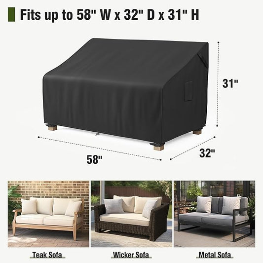 MR.COVER 2-Seater Patio Loveseat Cover, Patio Furniture Covers Waterproof, Heavy Duty Outdoor Couch Sofa Covers with Air Vent and Handles, No Fading and No Tears, Fits up to 58"W x 32"D x 31"H, Black