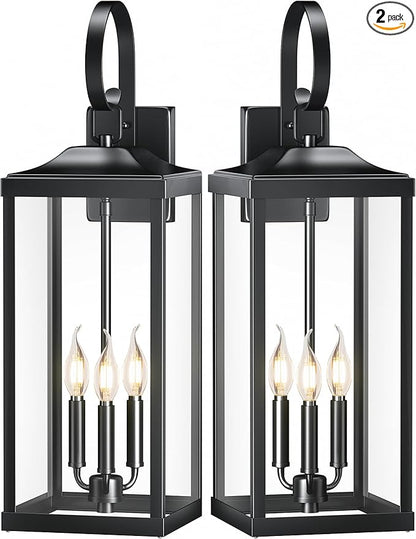 2 Packs 24" Extra Large Outside Wall Light Fixture 3-Light, Black Outdoor Porch Lantern Wall Mounted, Waterproof Modern Outside Wall Sconce Coach Lamp for House, E12