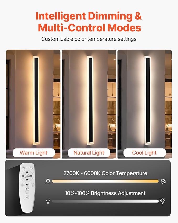 VEVOR Outdoor Wall Lights, 2 Pack, 59.1 Inch Long Strip Modern Exterior Wall Sconce Light Fixtures, 2700K-6000K, IP65 Waterproof Anti-Rust, Dimmable Outside Wall Mount Lighting, for House Porch Garage