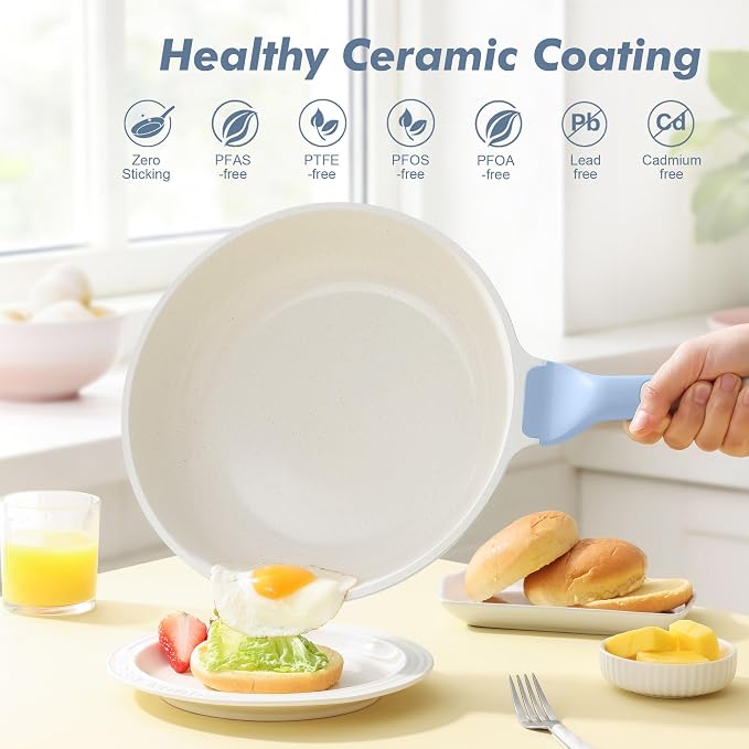 SENSARTE Nonstick Ceramic Frying Pan with Lid 11 Inch Omelet Pan Skillet, Free of Intentionally Added PFAS/PTFE Non-toxic Chef's Pan Induction Compatible Pan, Heat Resistant Handle, Glacier Blue