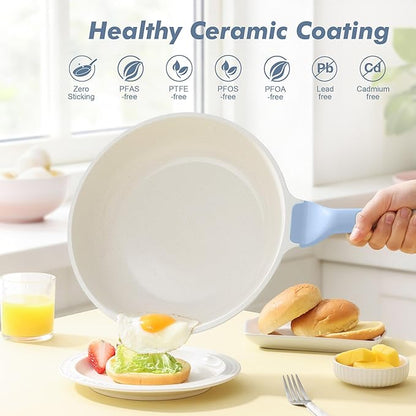 SENSARTE Nonstick Ceramic Frying Pan with Lid 9.5 Inch Omelet Pan Skillet, Free of Intentionally Added PFAS/PTFE Non-toxic Chef's Pan Induction Compatible Pan, Heat Resistant Handle, Glacier Blue